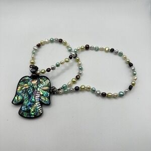 Vintage Lee Sands Multi-Color Pearl bead with Abalone Guardian Angel Necklace!